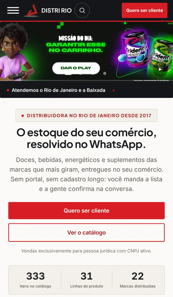 Página inicial do site da Distri Rio no celular