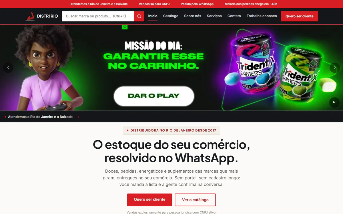 Página inicial do site da Distri Rio no computador